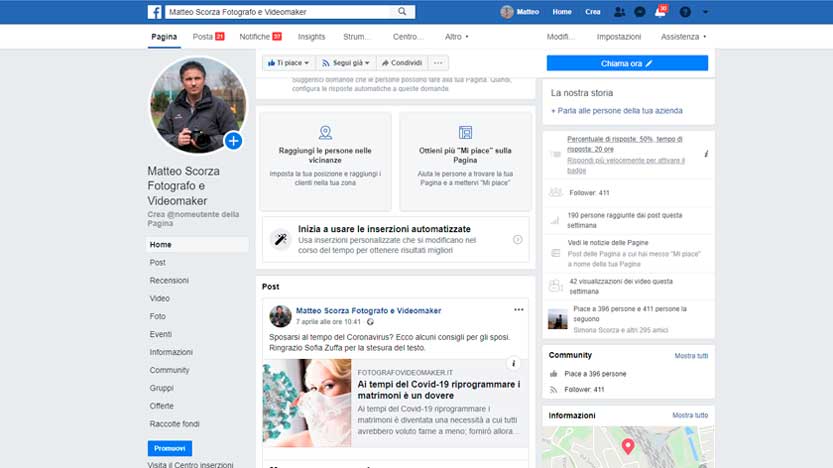 pagina facebook di un fotografo matrimonio