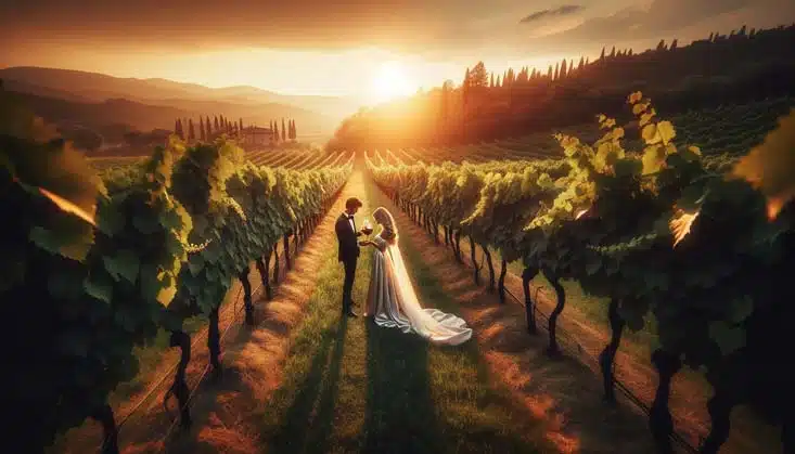 Scambio-anelli-al-tramonto-matrimonio-tema-vino