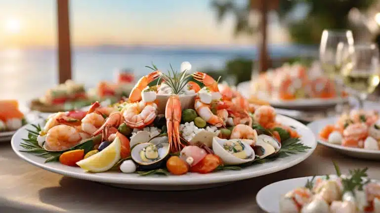 Antipasto di pesce per matrimonio a tema romantico