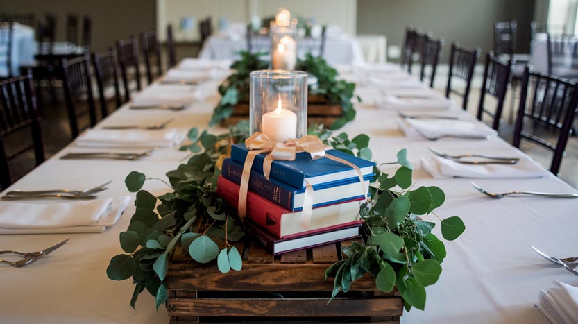 Matrimonio tema libri centro tavola